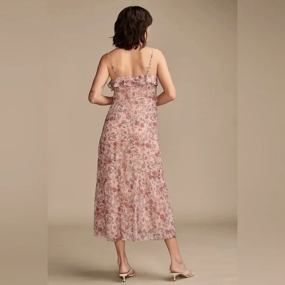 NWT Lucky Brand Women's Ruffled Chiffon Lurex Floral Midi Slip Dress Rose - Picture 2 of 16